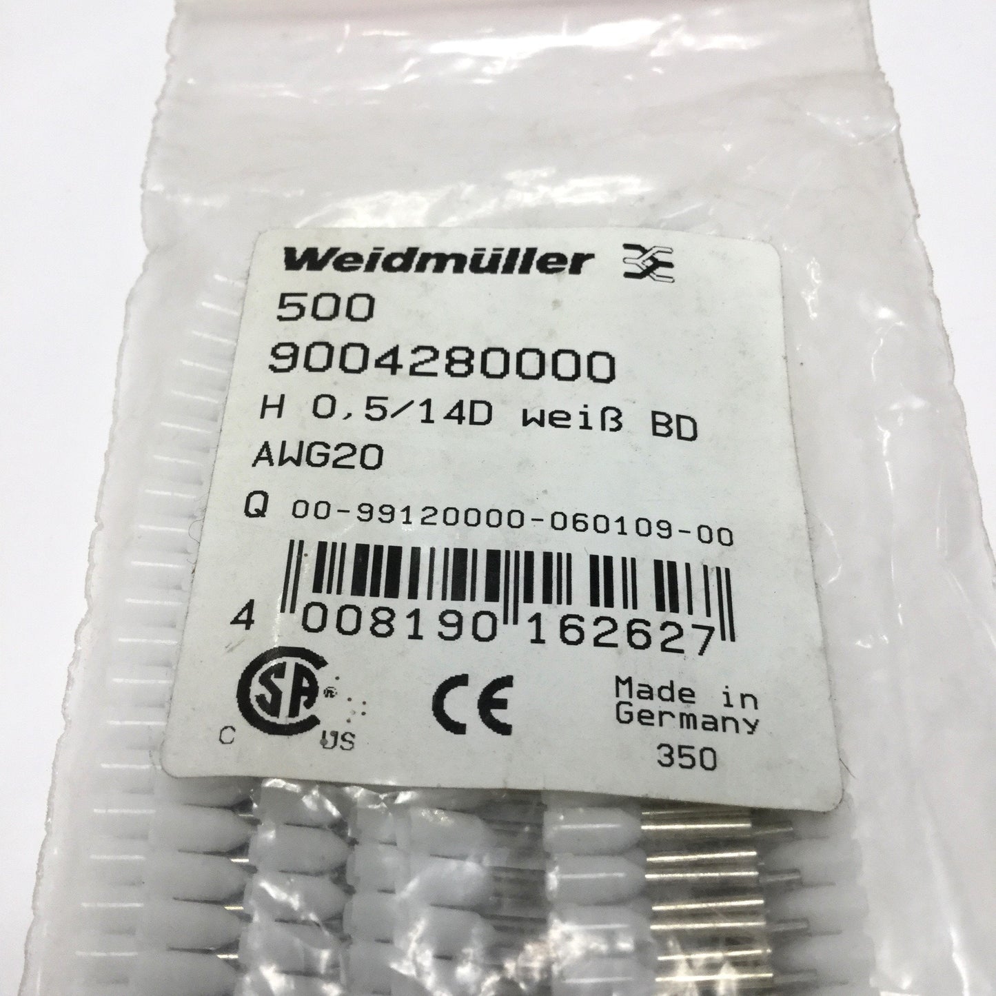 New Bag of 500 Weidmuller 9004280000 Single Wire-End Ferrules, 20 AWG 0.5mm², White