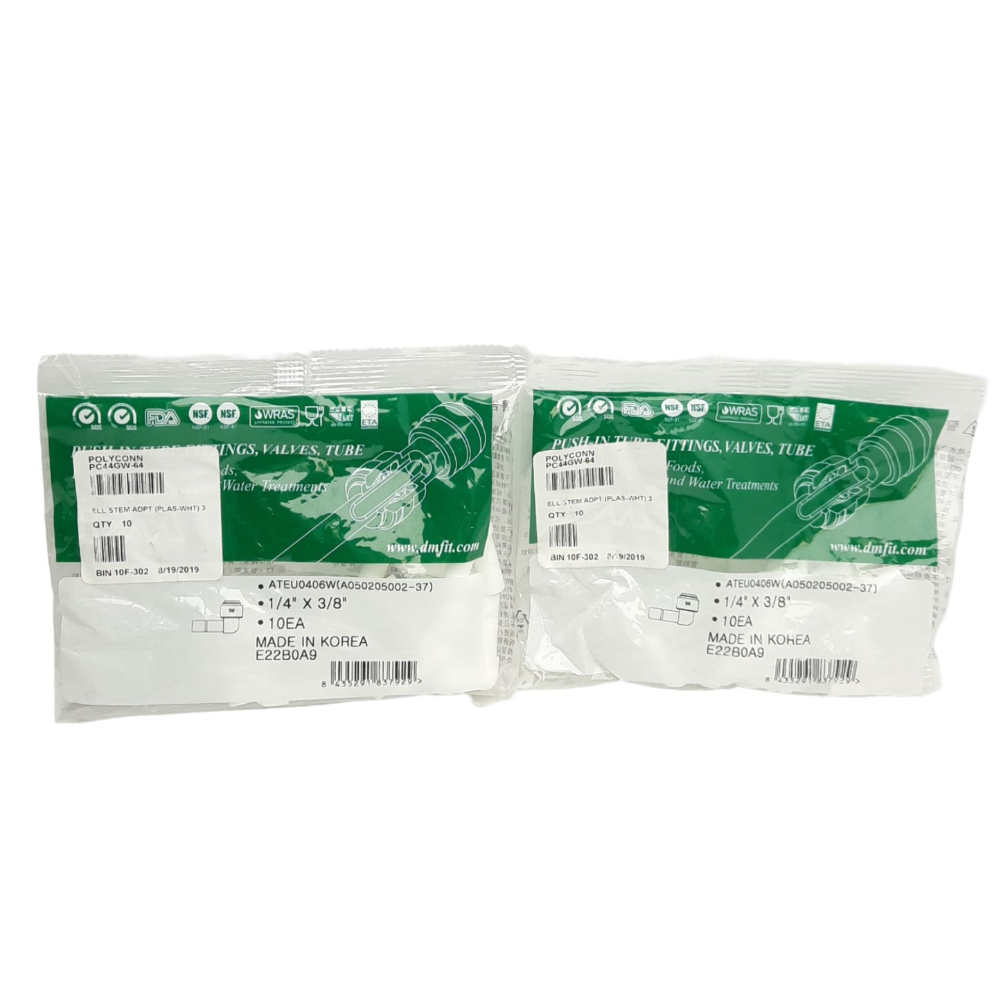 New Lot of 20 Polyconn PC44GW-64 Push To Connect Elbow, 3/8in Stem to 1/4in Tube