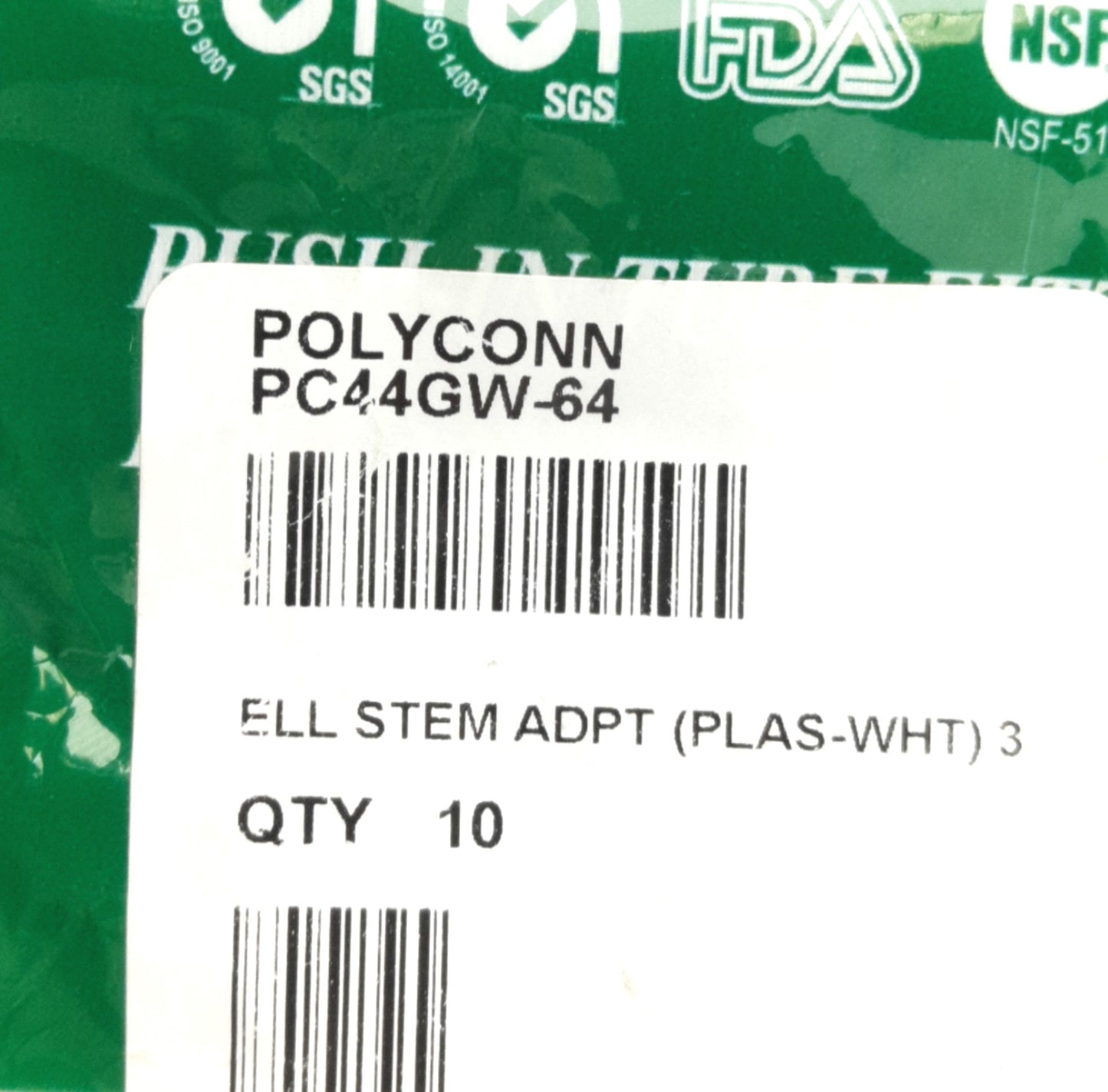 New Lot of 20 Polyconn PC44GW-64 Push To Connect Elbow, 3/8in Stem to 1/4in Tube