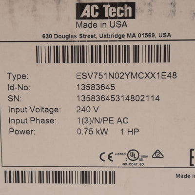 New Lenze ESV751N02YMC SMVector VFD 0-500Hz, 1/3PH 240VAC IN, 3PH 0-230VAC OUT