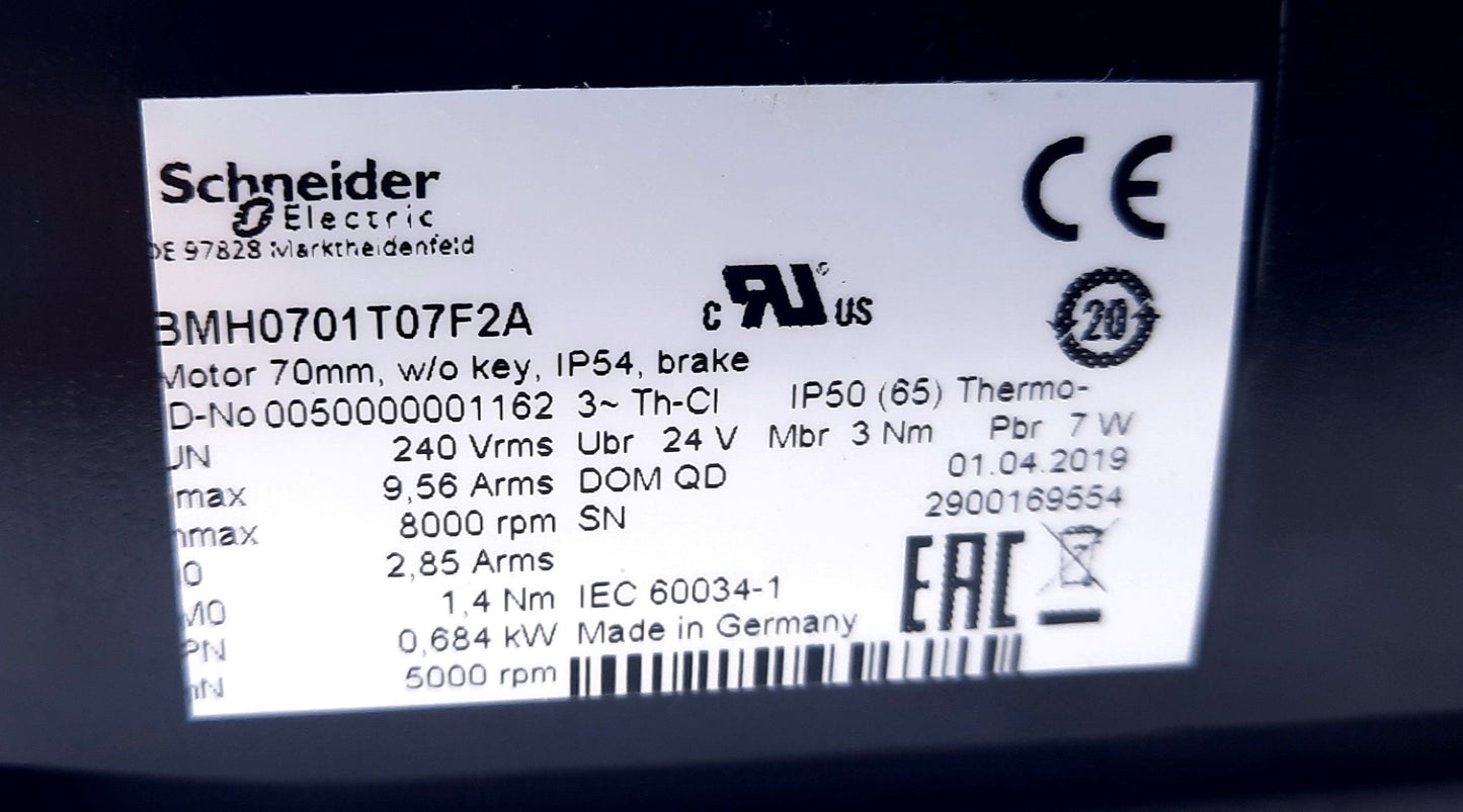 New Schneider Electric BMH0701T07F2A Servo Motor Three Phase 240V, 9.56A, 8000rpm