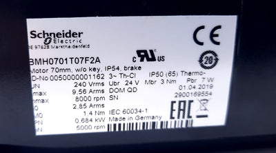 New Schneider Electric BMH0701T07F2A Servo Motor Three Phase 240V, 9.56A, 8000rpm