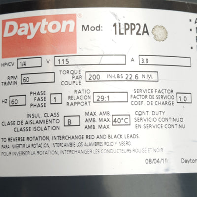 Used Dayton 1LPP2A AC Gearmotor, 29:1, 60RPM, 200in-lbs, 1/4 HP, ø19mm Shaft, 115VAC