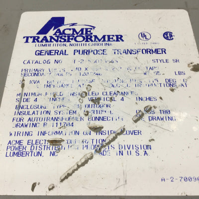 Used Acme T-2-53013-4S Transformer 3kVA 1-Phase, 240X480V Pri, 120/240V Sec w/4x Taps