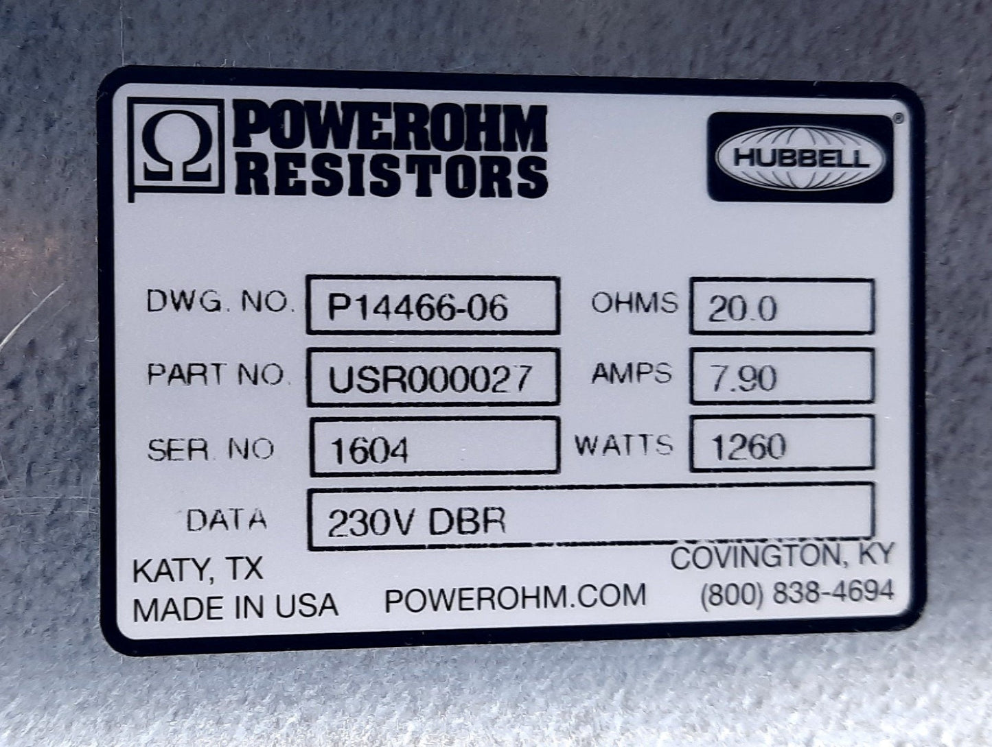 New Hubbell Powerhorn Resistors USR000027 Breaking Resistor 1260W, 20Ohms, 7.9A 230V