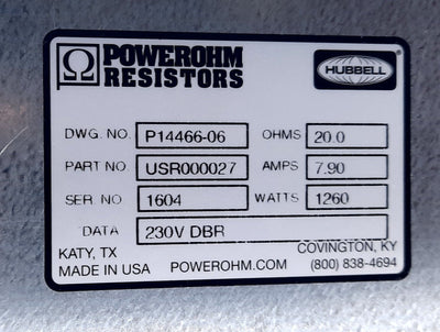 New Hubbell Powerhorn Resistors USR000027 Breaking Resistor 1260W, 20Ohms, 7.9A 230V