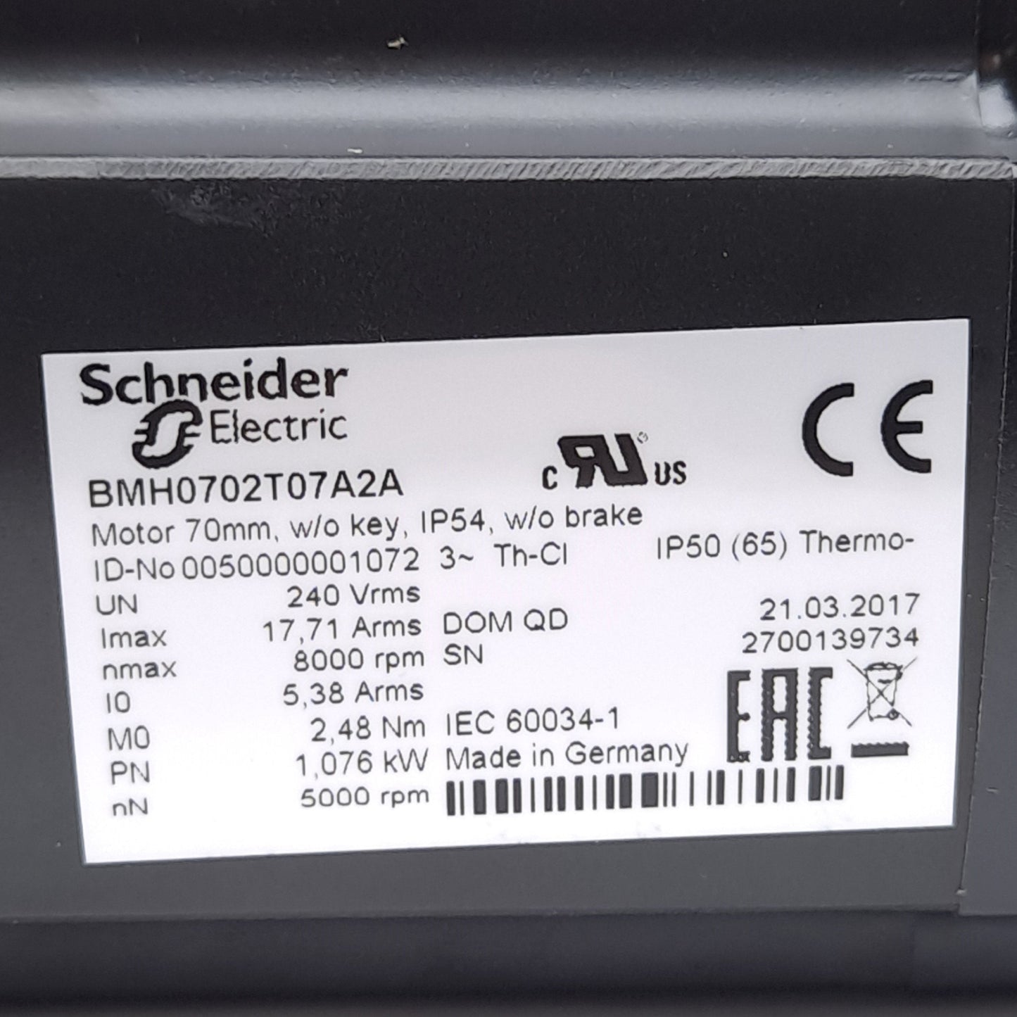 New Schneider Electric BMH0702T07A2A Servo Motor, 8000RPM, ø11mm Shaft, 240VAC 3Φ