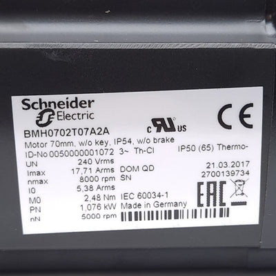 New Schneider Electric BMH0702T07A2A Servo Motor, 8000RPM, ø11mm Shaft, 240VAC 3Φ