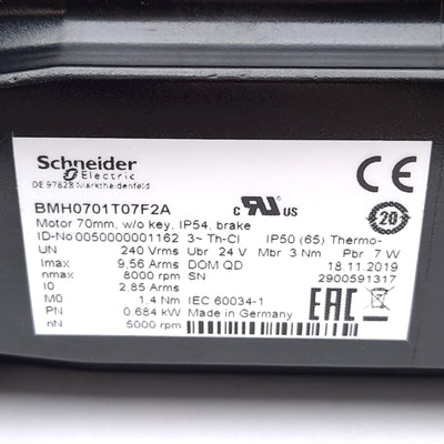 New Schneider Electric BMH0702T07F2A Servo Motor, 8000RPM, ø11mm Shaft, 240VAC 3Φ