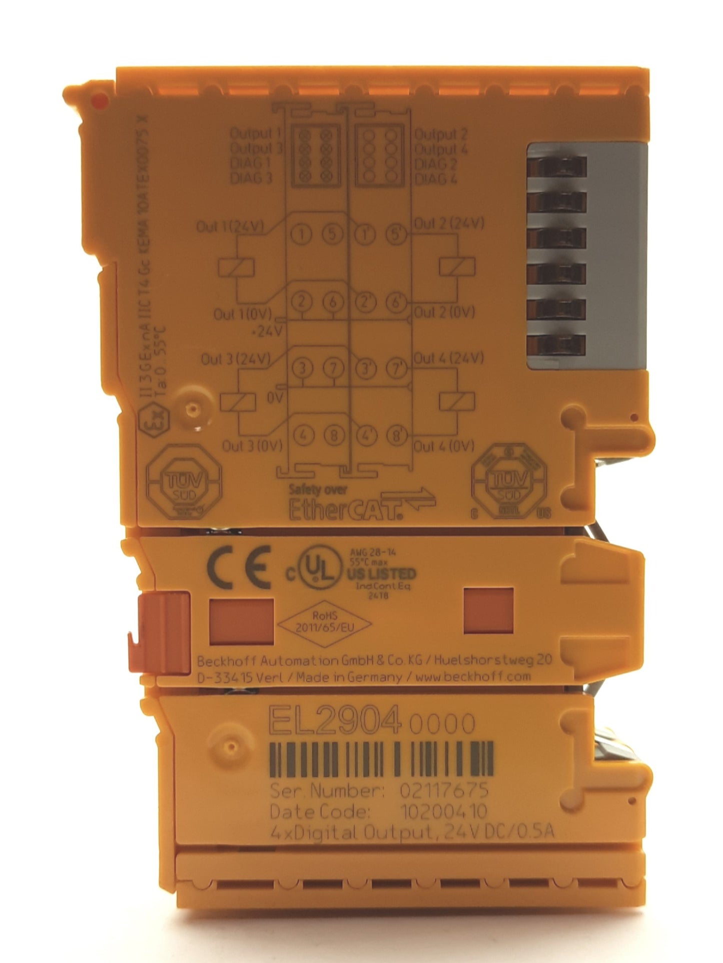 Used Beckhoff EL2904 Digital Output Module, 4x 1/2-Wire 24VDC .5A TwinSAFE, 24VDC