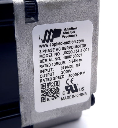 New Applied Motion J0200-454-001 Servo Motor 24-60VDC, 10A, 200W, 3000rpm, 0.64Nm