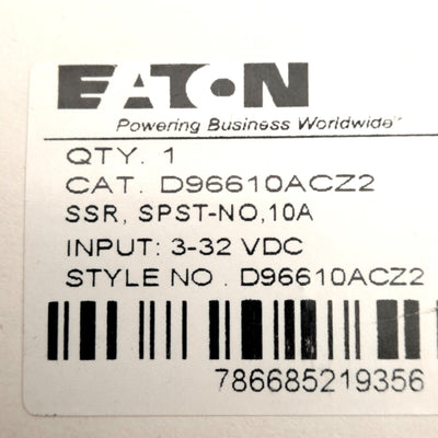 New Eaton D96610ACZ2 Solid State Relay, SPST-NO, 10A, 3-32VDC Input, 48-600V Output