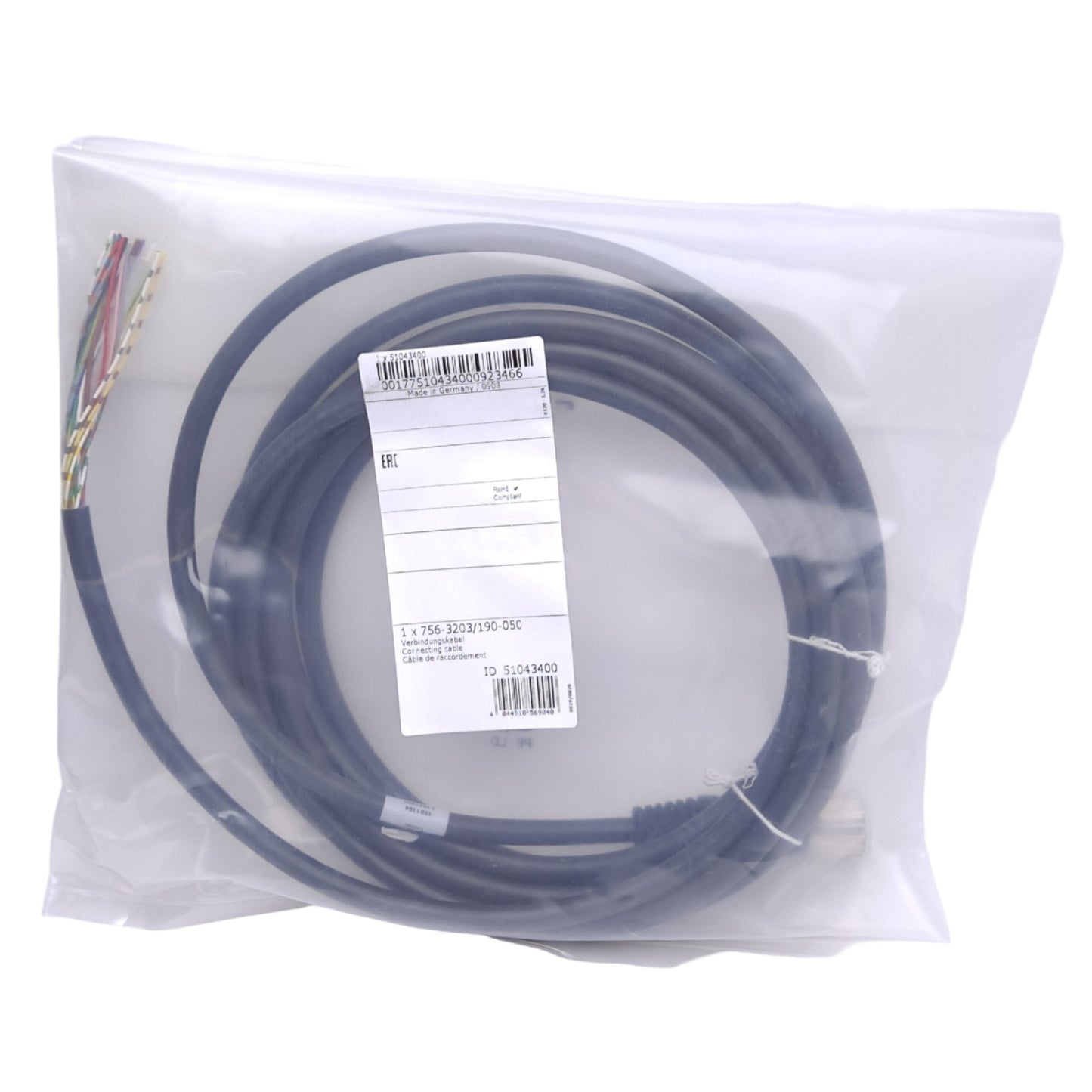 New Wago 756-3203/190-050 Cable, M23 19-Pin Female to Flying Leads, 5m Length