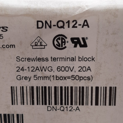 New Lot of 50 DINnectors DN-Q12-A Feedthrough Terminal Block, 600V 20A, DIN Rail