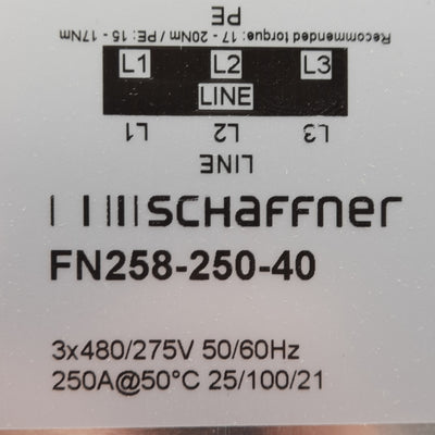 New Schaffner FN258-250-40 AC EMI/RFI Filter, 3-Phase 480/277VAC, 250A @ 50°C