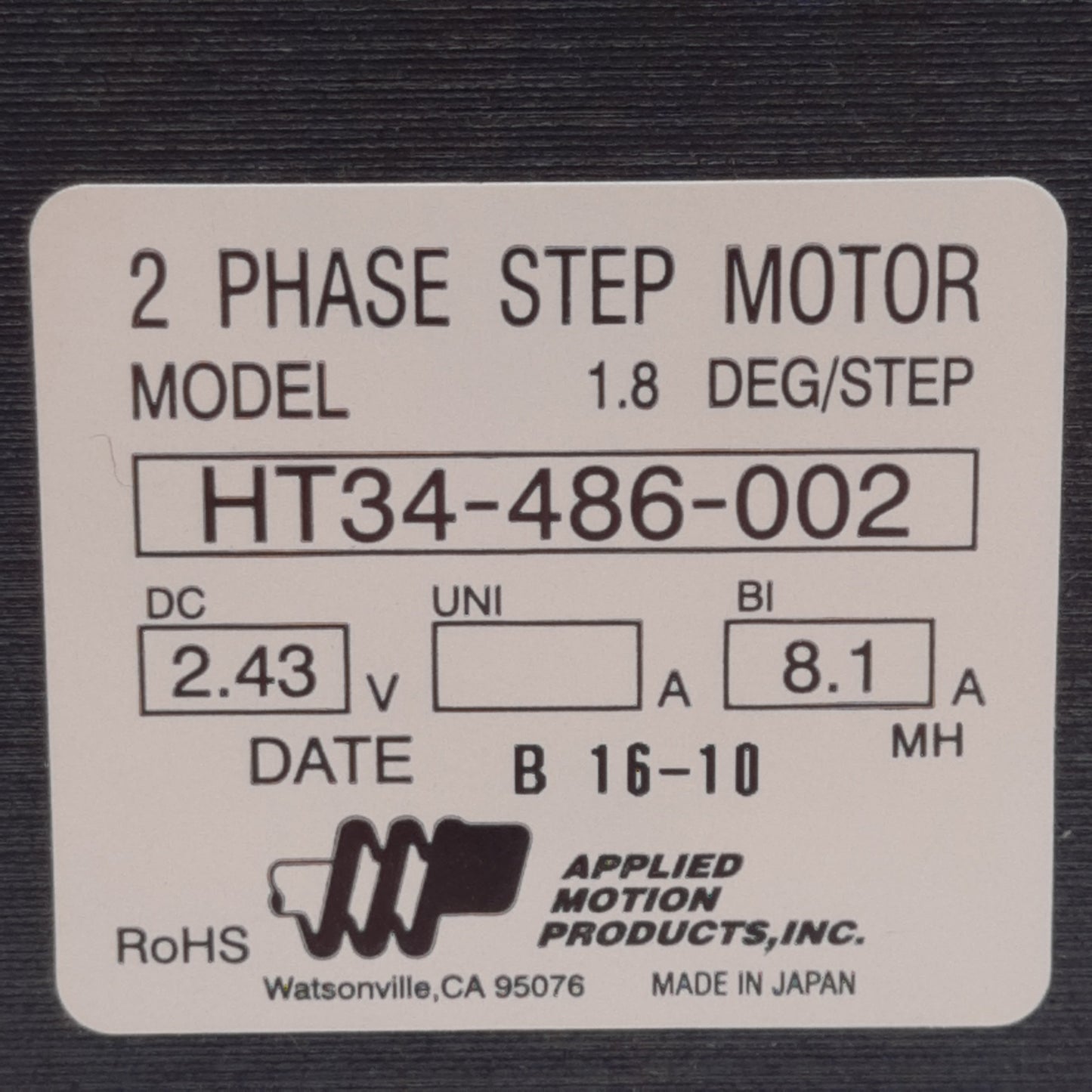 New – Open box Applied Motion HT34-486-002 Stepper Motor, 2-Phase, 1.8°/Step, 2.43VDC, NEMA 34