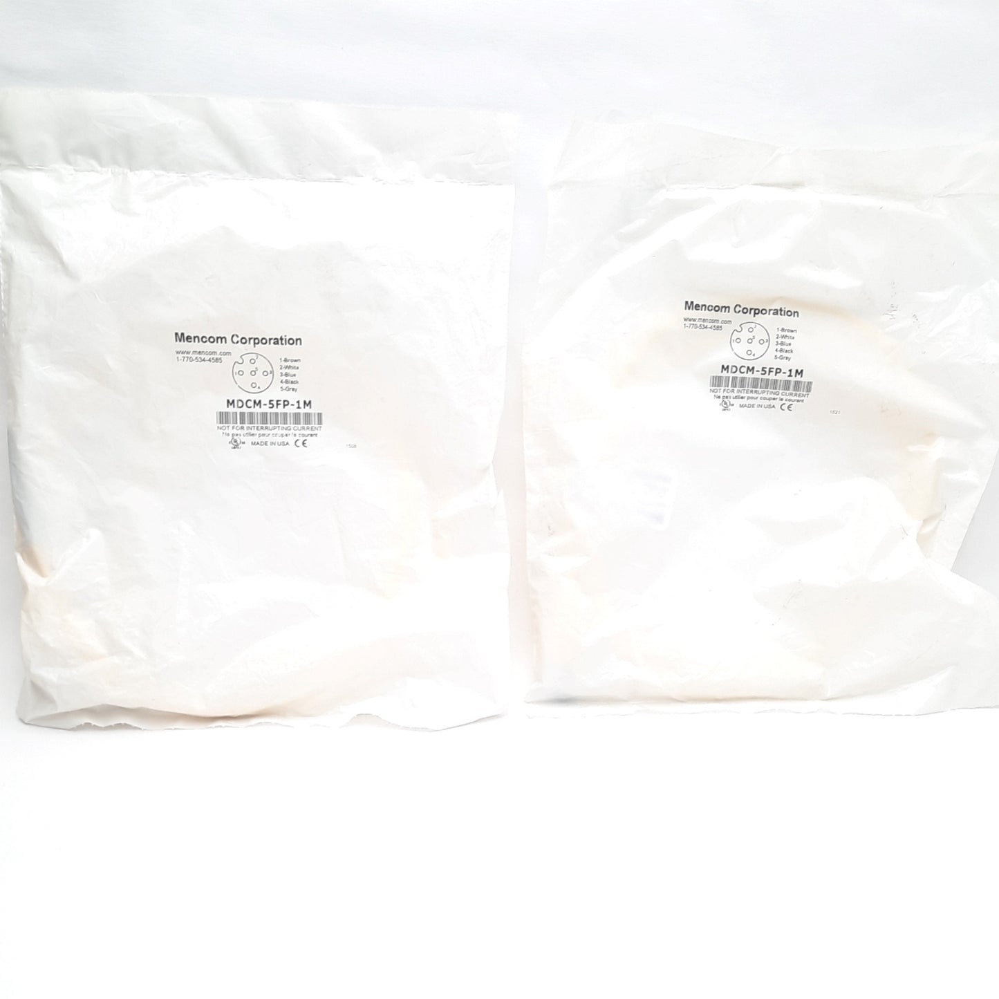 New Lot of 2 Mencom MDCM-5FP-1M Cordsets, Single Ended 5-Pin M12 Straight Female, 1m