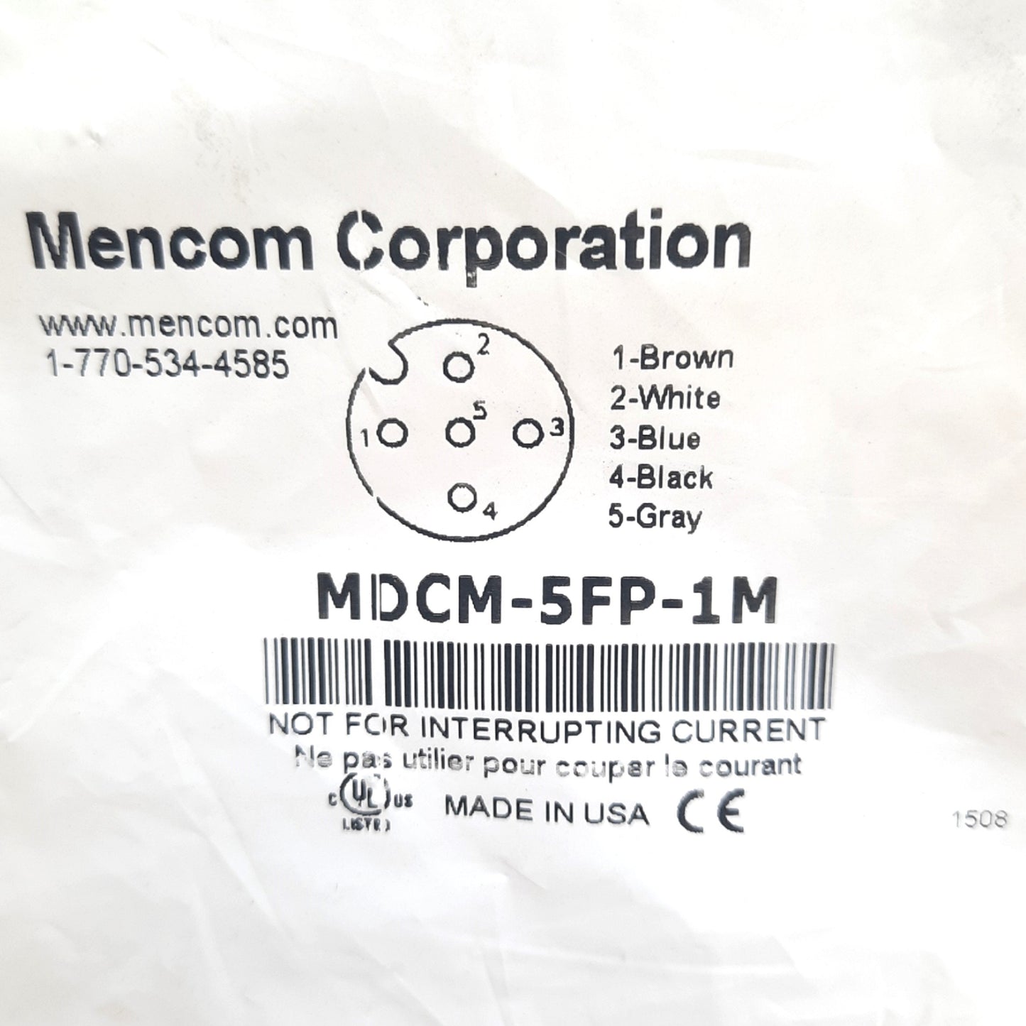 New Lot of 2 Mencom MDCM-5FP-1M Cordsets, Single Ended 5-Pin M12 Straight Female, 1m