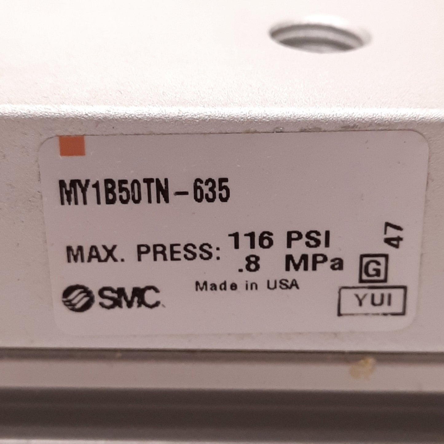 Used SMC MY1B50TN-635 Rodless Cylinder, ø50mm Bore, 635mm Stroke, 116PSI, 3/8in NPT