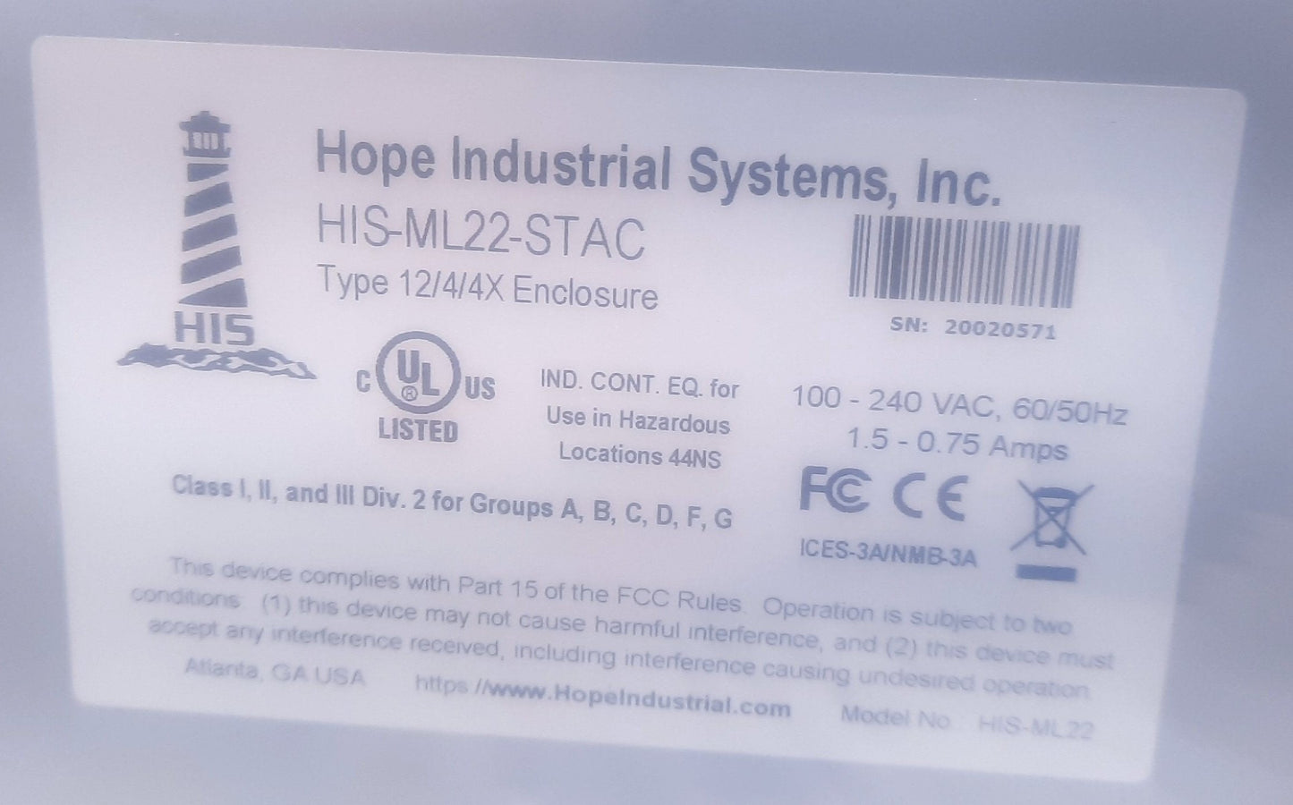 New Hope Industrial HIS-ML22-STAC Panel Mount Touch Screen 22" 100-240VAC 1.5-0.75A