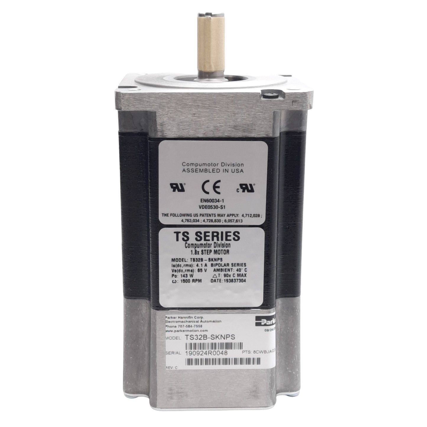 New Parker TS32B-SKNPS Stepper Motor, 1.8°/Step, 65VDC 4.1A, 143W, 1500RPM, NEMA 34