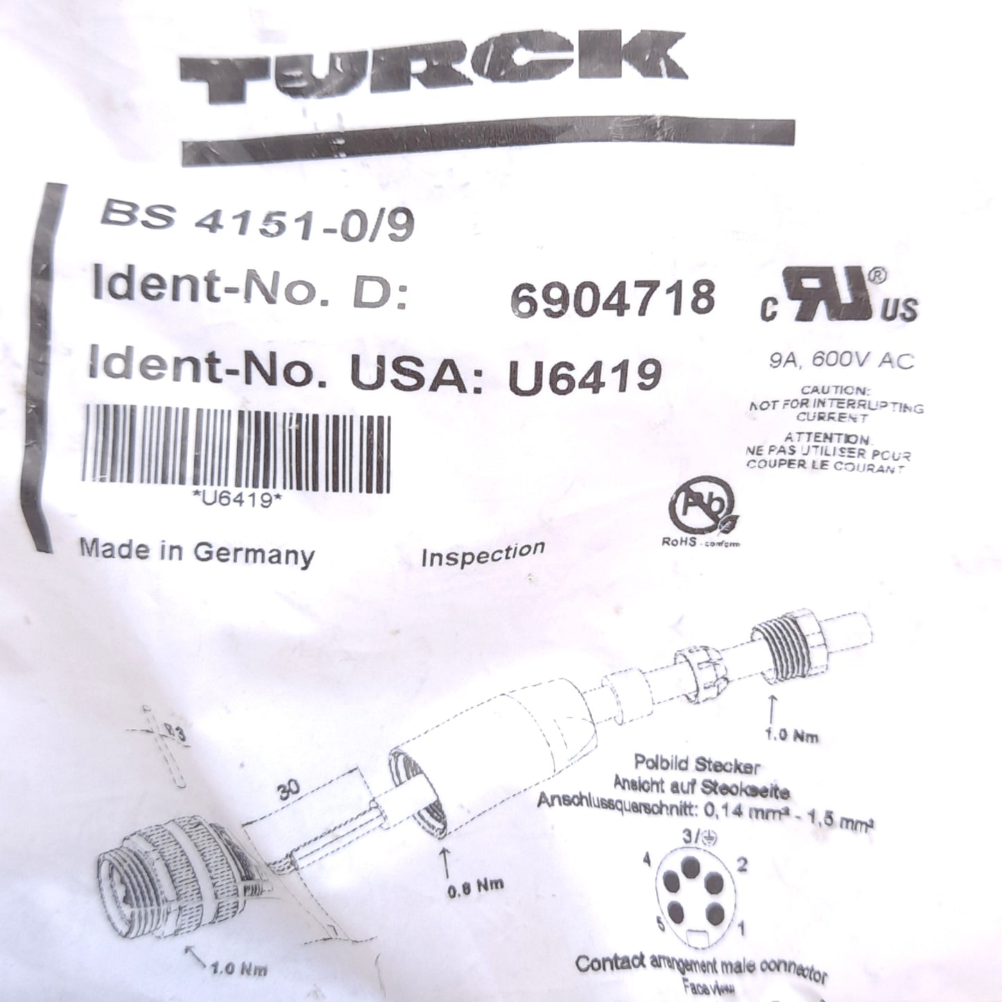 New Turck BS 4151-0/9 U6419 Field Wireable Connector, 7/8"-16 UN 5-Pin Male, 600V 9A