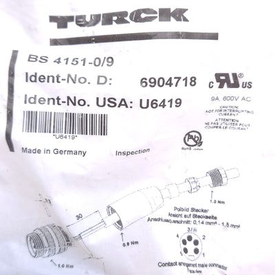New Turck BS 4151-0/9 U6419 Field Wireable Connector, 7/8"-16 UN 5-Pin Male, 600V 9A