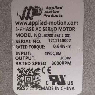 New Applied Motion J0200-454-4-001 Servo Motor 48VDC 200W 0.64Nm 3000RPM 60mm Frame