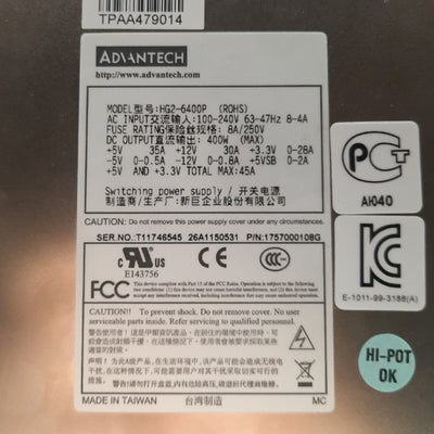 Used Advantech HG2-6400P Computer Power Supply, 400W, 24-Pin ATX, 8x Molex, 2x FDD