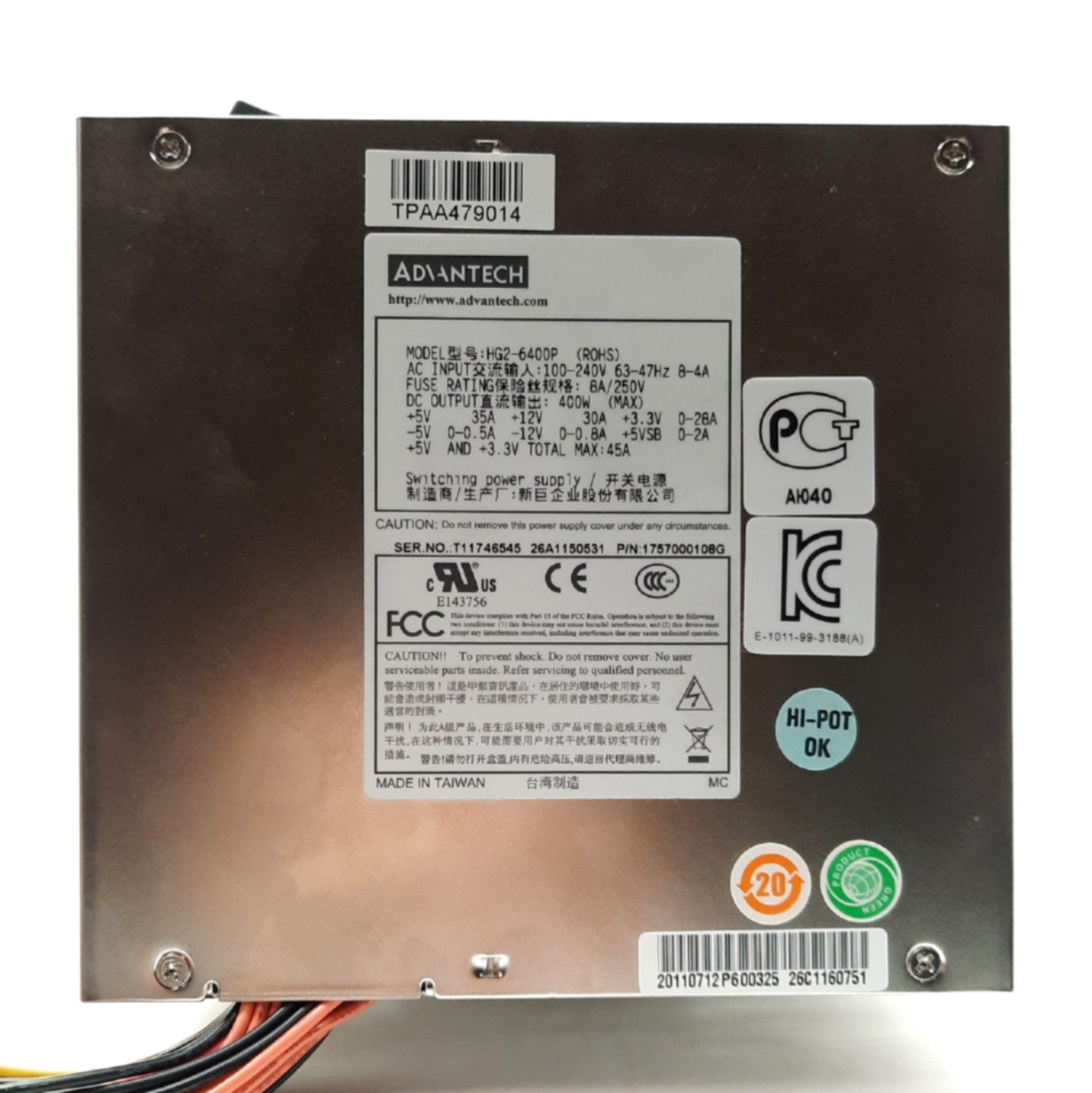 Used Advantech HG2-6400P Computer Power Supply, 400W, 24-Pin ATX, 8x Molex, 2x FDD
