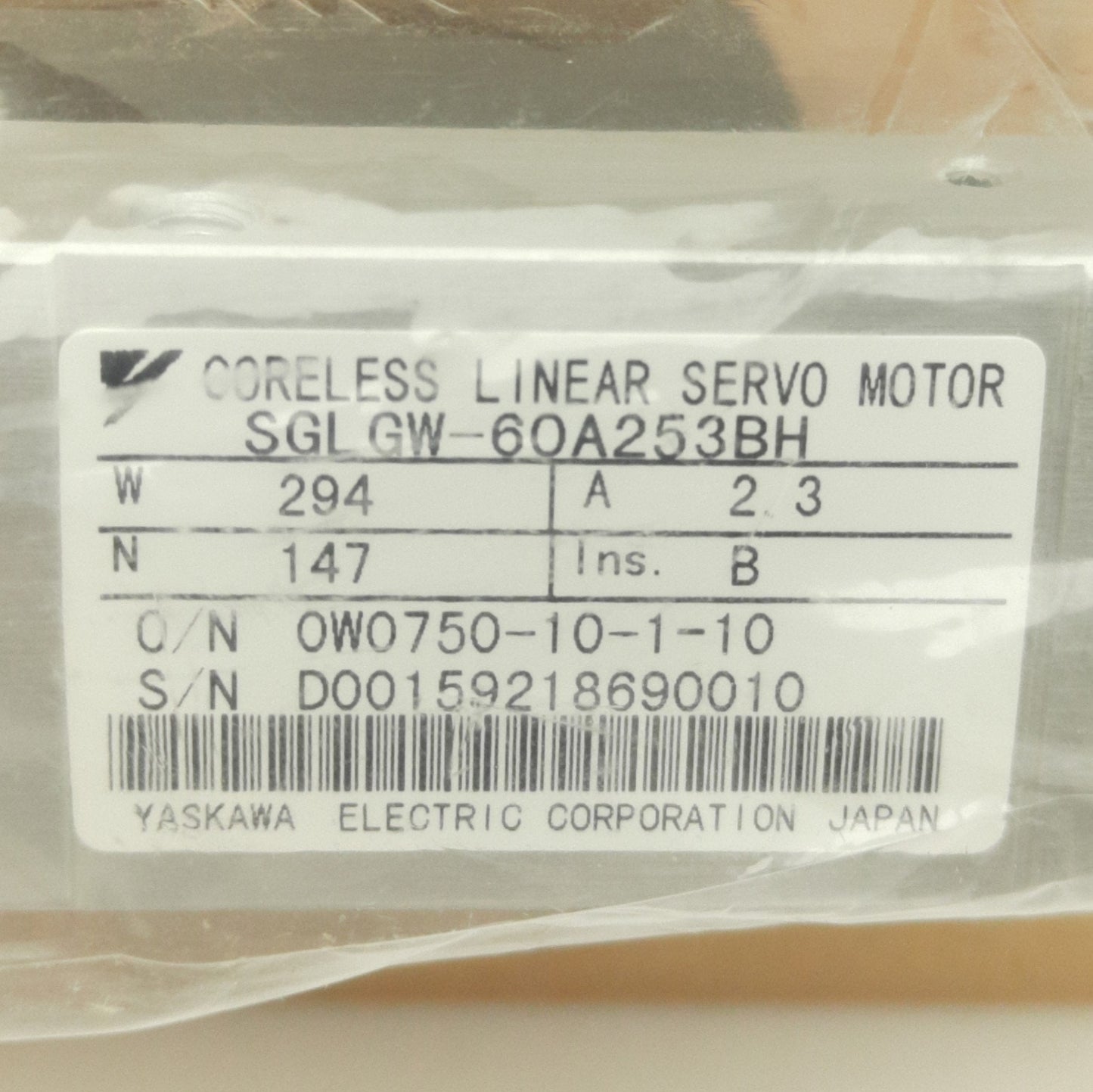 New Yaskawa SGLGW-60A253BH Linear Servo Motor Moving Coil, 253mm x 60mm, 200VAC