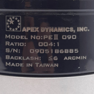 Used Apex Dynamics PEII090-004 Planetary Gearbox 4:1, ø7/8in Shaft, ø1/2in Input
