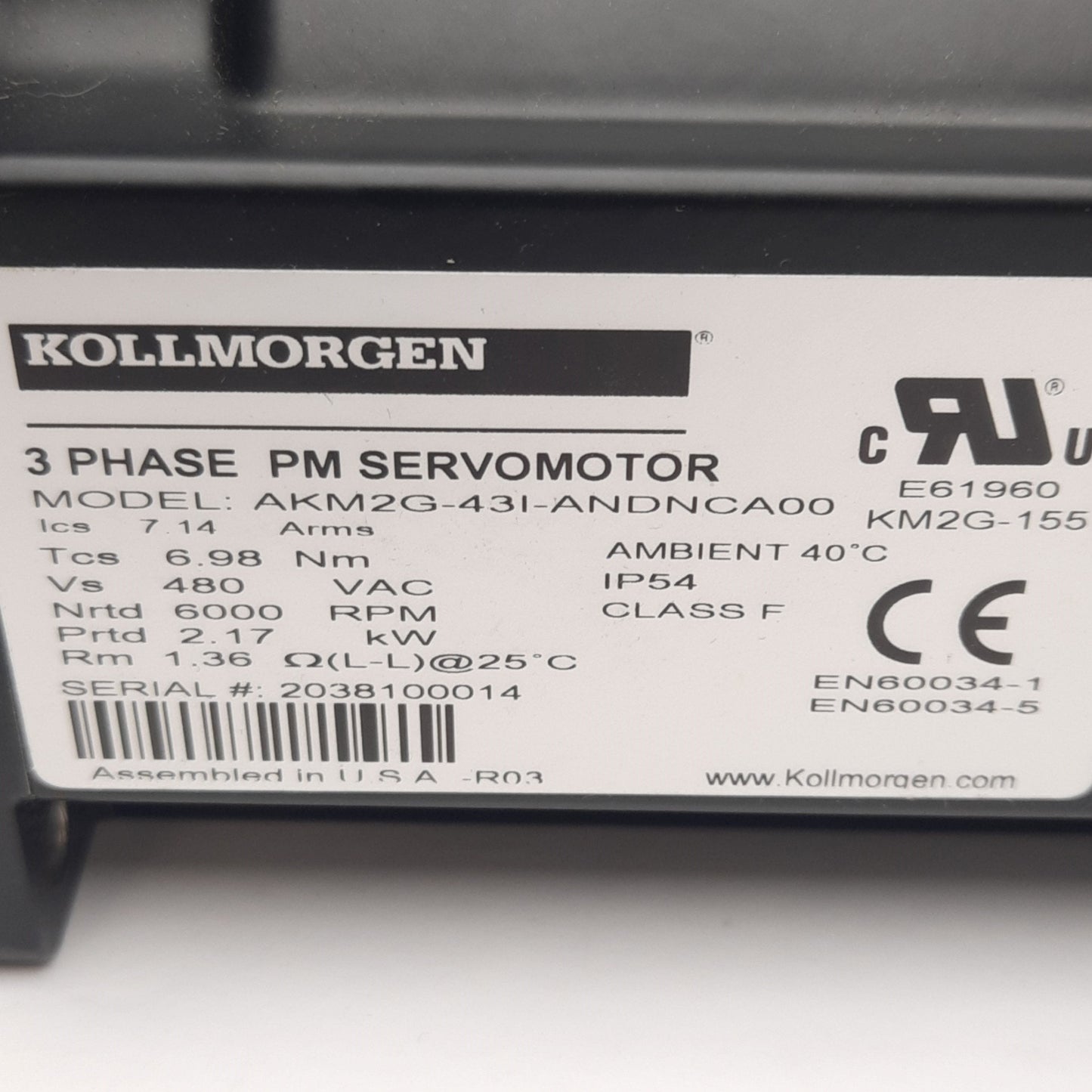 New Kollmorgen AKM2G-43I-ANDNCA00 Servo Motor, 21.1Nm, 6000RPM, 2530W, 88mm Frame