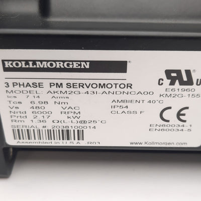 New Kollmorgen AKM2G-43I-ANDNCA00 Servo Motor, 21.1Nm, 6000RPM, 2530W, 88mm Frame