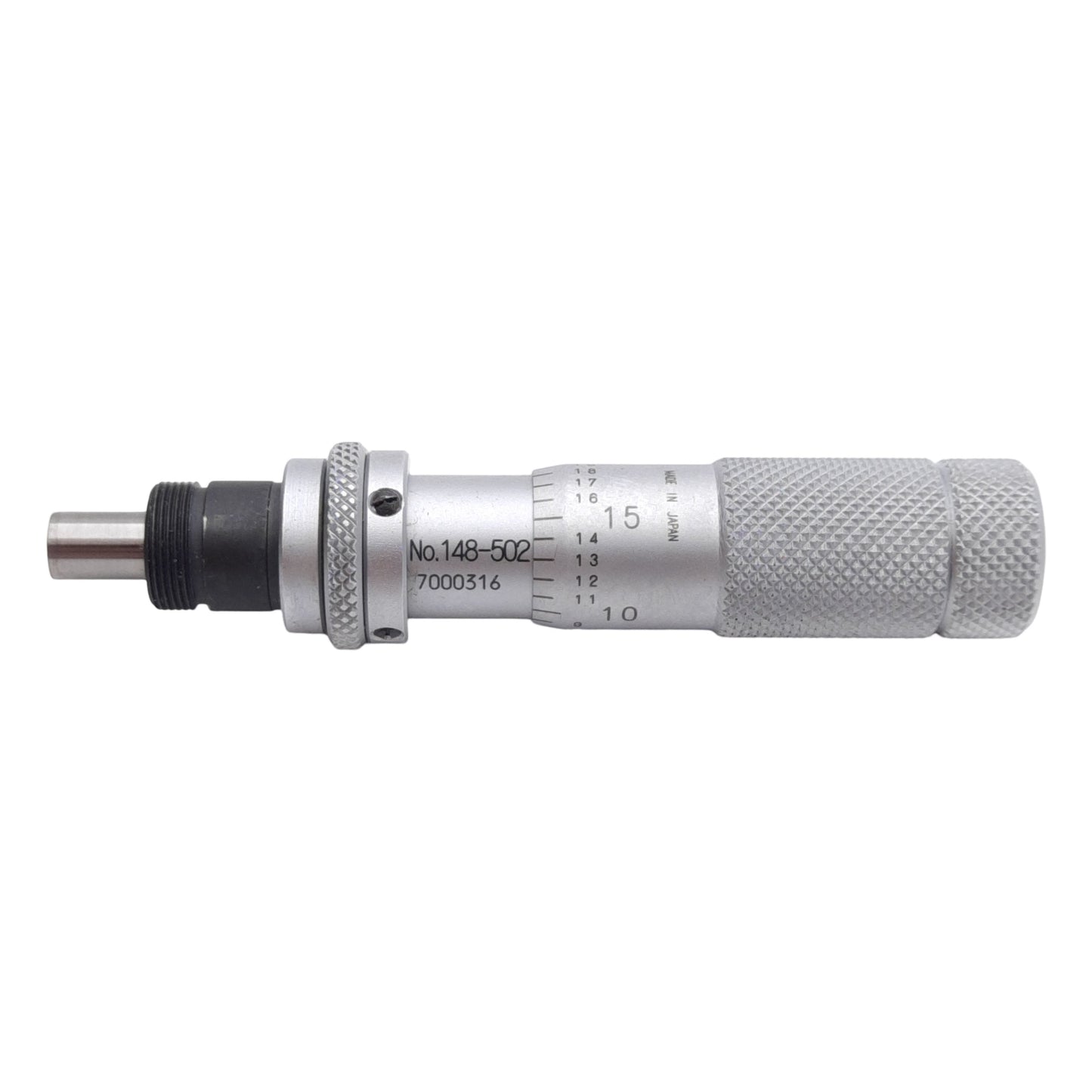 Used Mitutoyo 148-502 Micrometer Head 0-0.5in Range, 0.001in Graduation, Flat Spindle