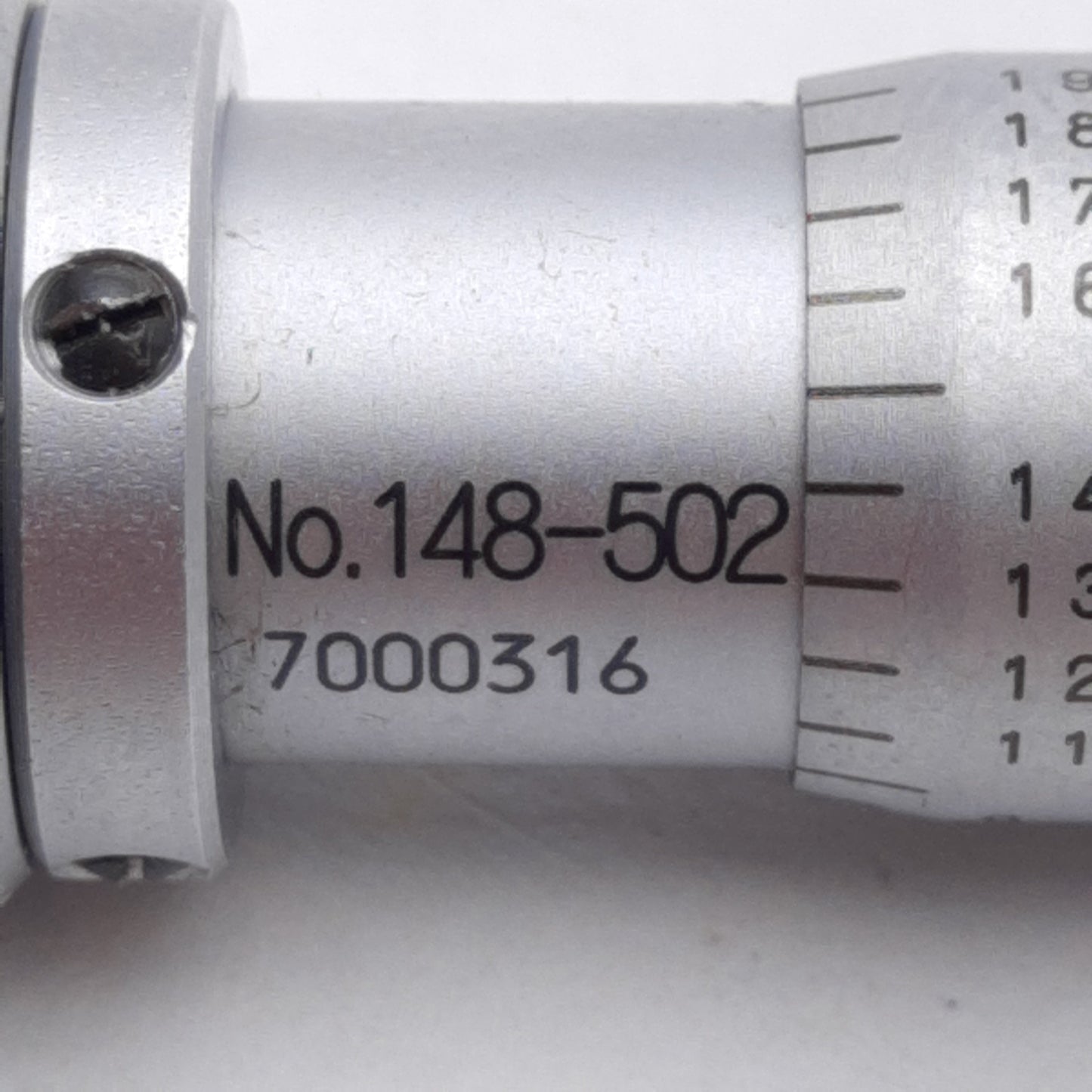Used Mitutoyo 148-502 Micrometer Head 0-0.5in Range, 0.001in Graduation, Flat Spindle