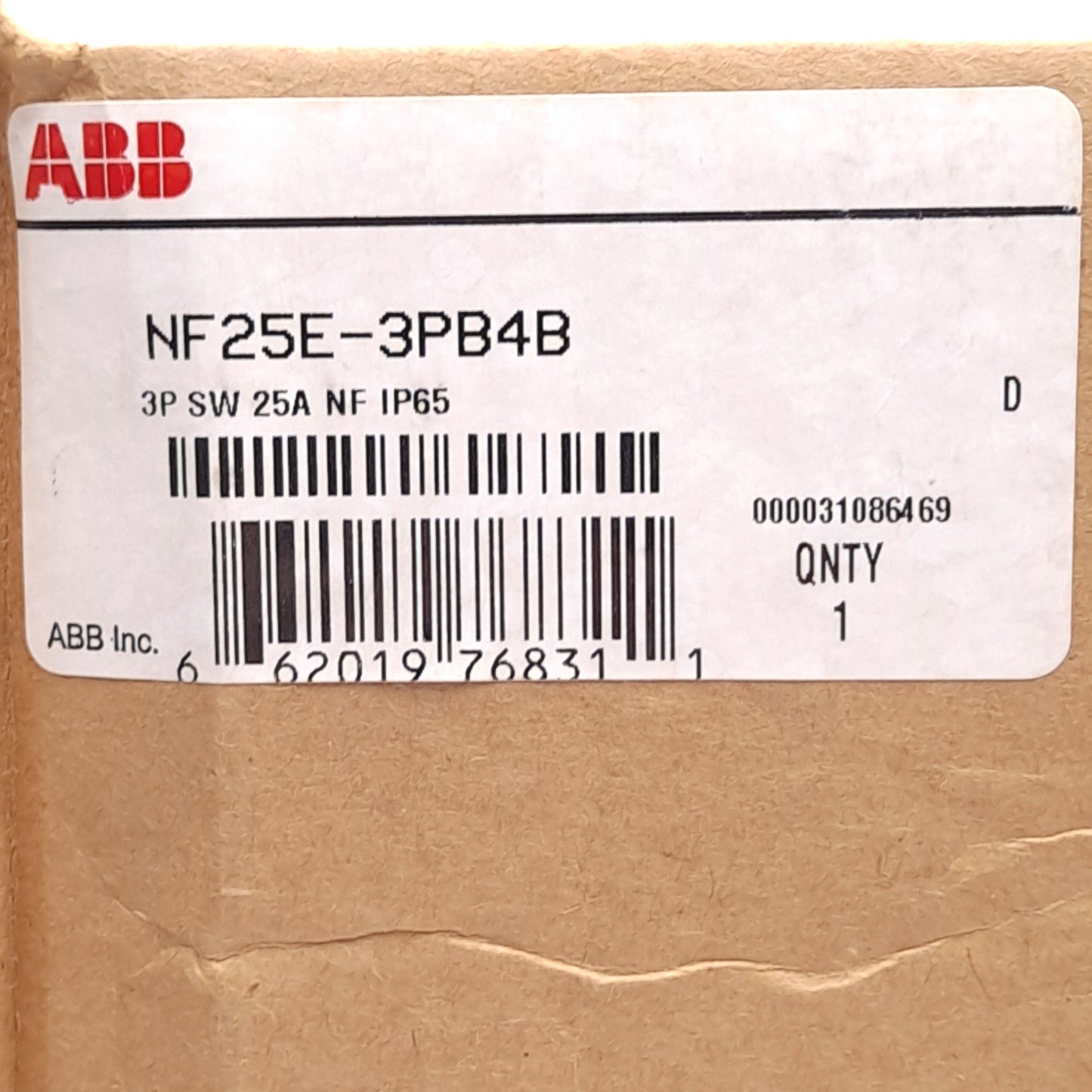 New ABB NF25E-3PB4B Enclosed Disconnect Switch, 3-Pole, 600VAC 25A, Pistol Handle