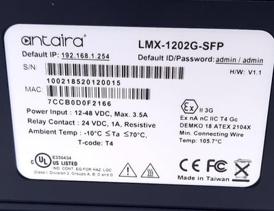 New Antaira LMX-1202G-SFP 12-Port Managed Gigabit Ethernet Switch 24VDC, 1A 12-48VDC