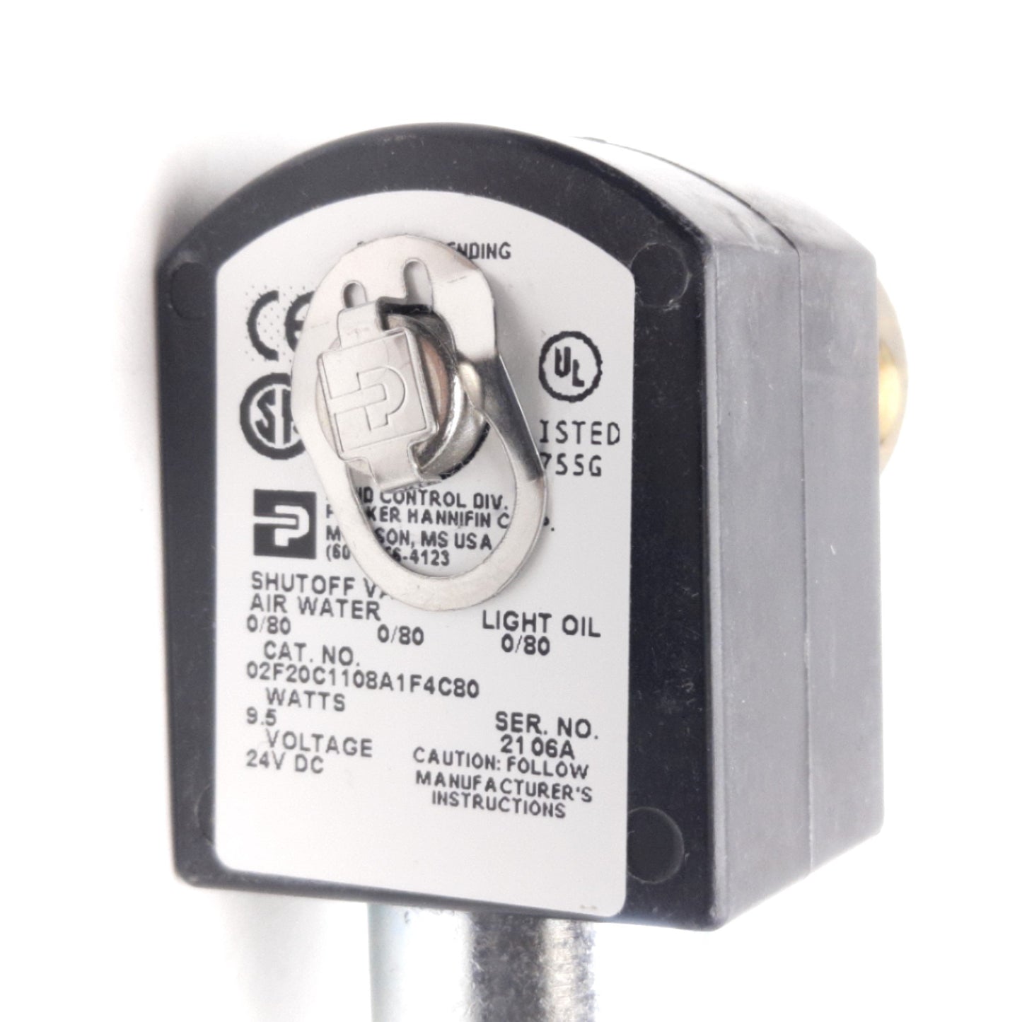 Used Parker 02F20C1108A1F4C80 Solenoid Valve, 1/8in NPT, 80Psi, 2-Way NC, 24VDC Coil