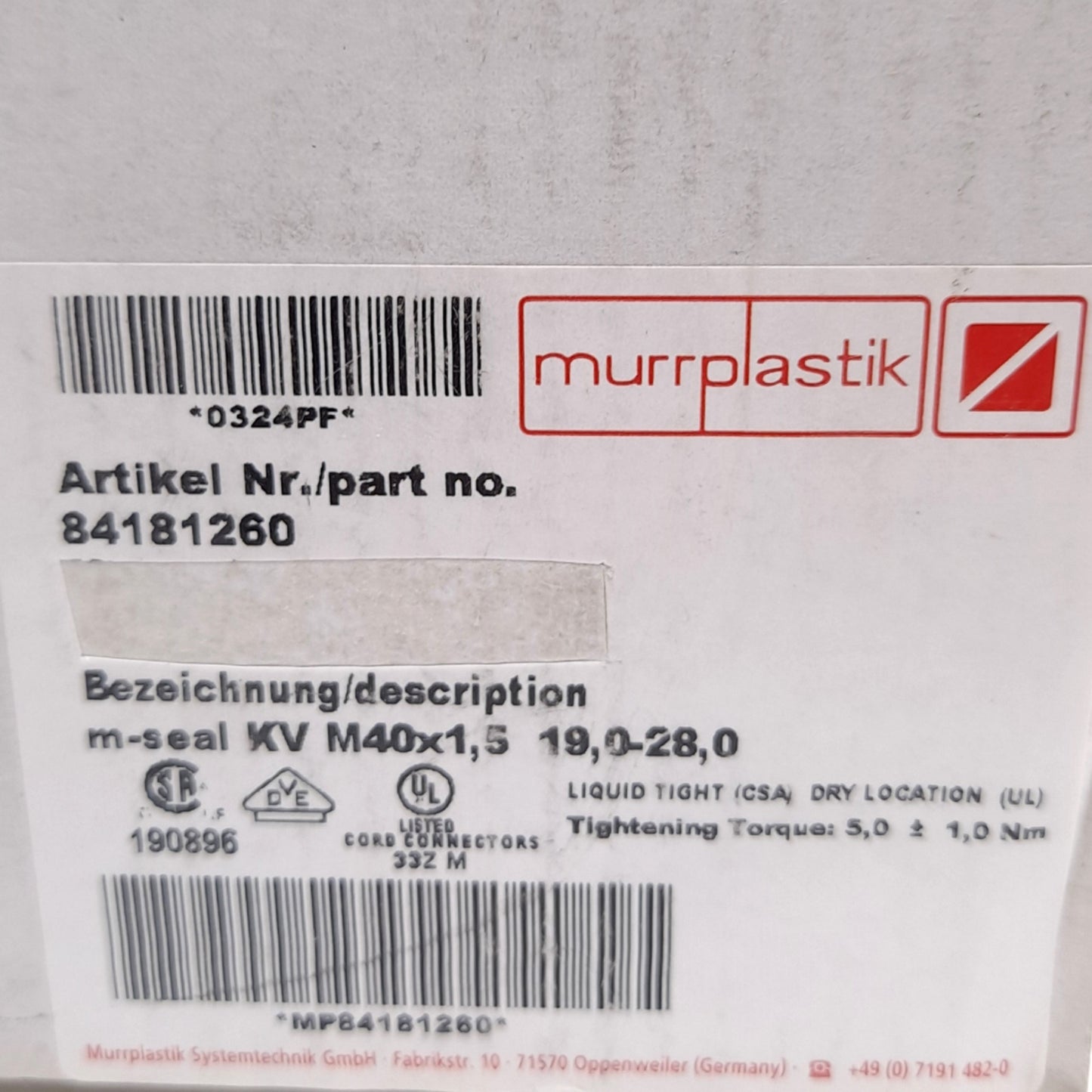 New – Open box Lot of 5 Murrplastik 84181260 Cable Gland, M40x1.5, ø19-28mm Clamping Range