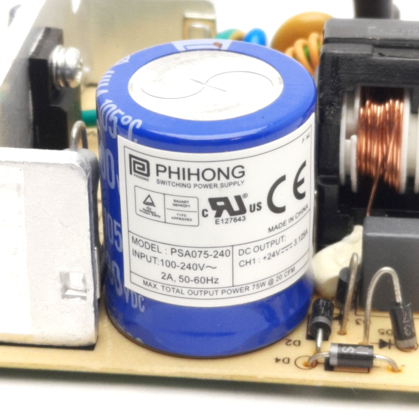 Used Phihong PSA075-240 AC/DC Power Supply, 100-240VAC Input, 24VDC 3.125A Output