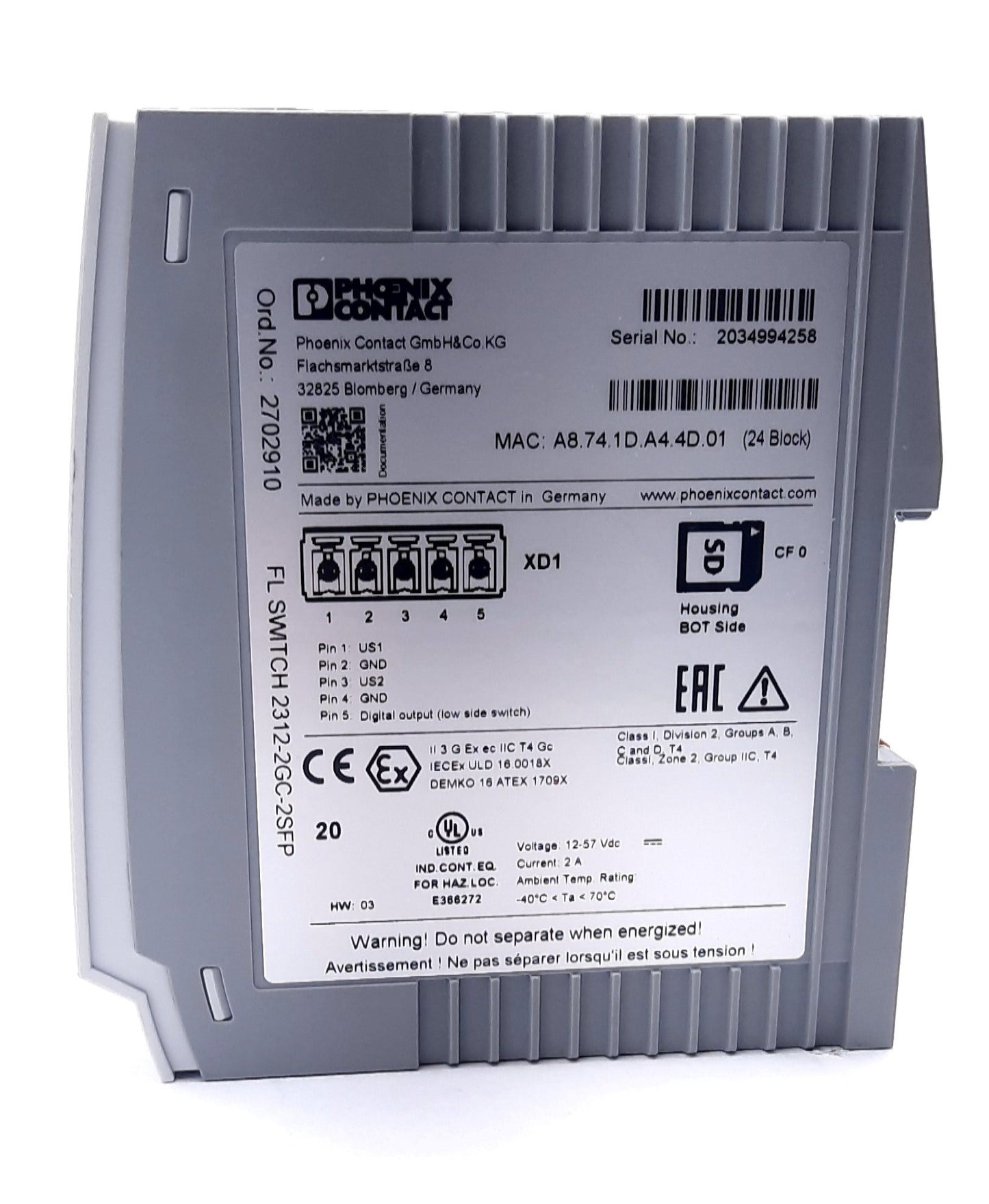 New Phoenix Contact 2312-2GC-2SFP Industrial Ethernet Switch 12-57VDC, 2A, 12x RJ45