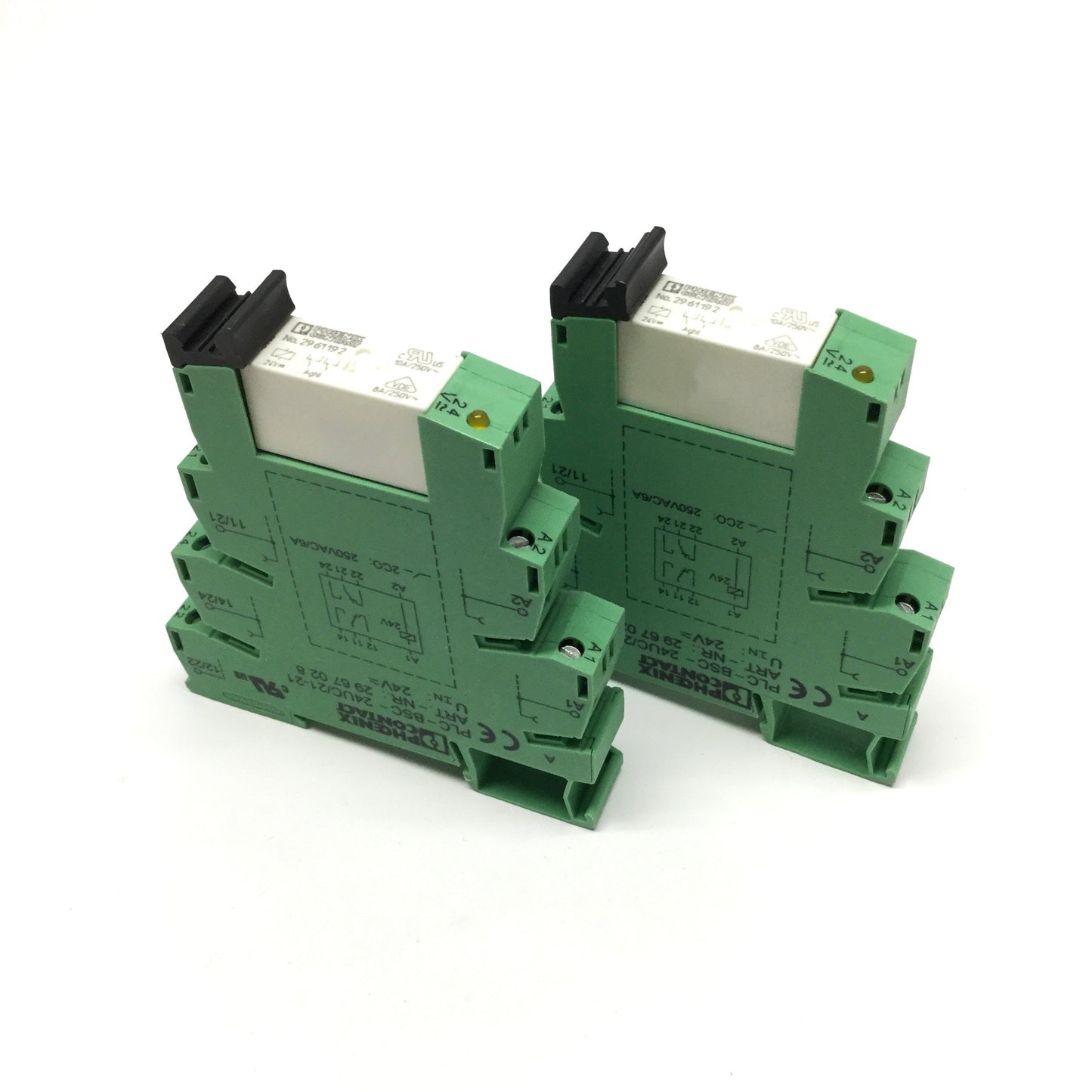 Used Lot of 2 Phoenix PLC-BSC-24UC/21-21 Socket Bases w/DPDT Relay 2961192 24VDC