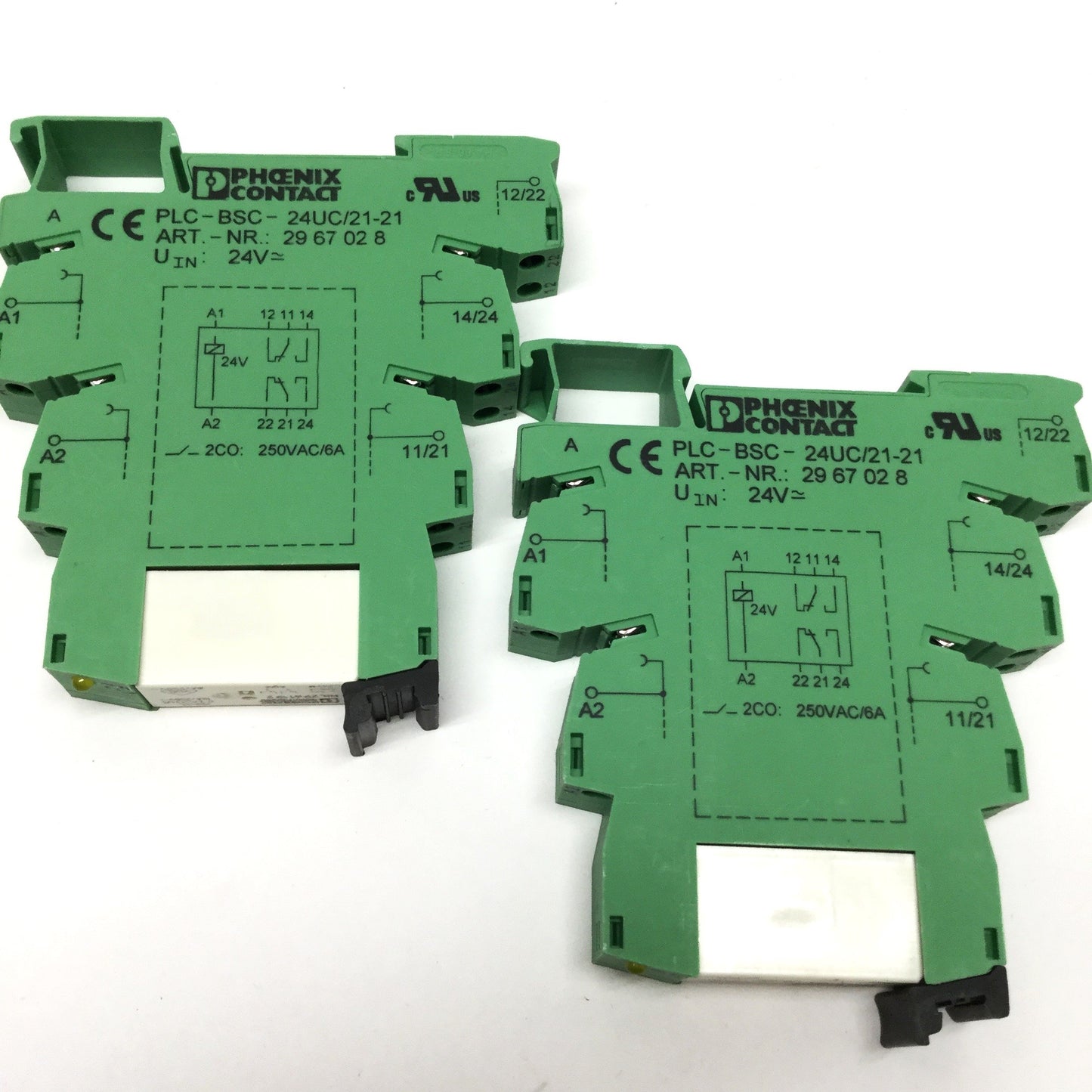Used Lot of 2 Phoenix PLC-BSC-24UC/21-21 Socket Bases w/DPDT Relay 2961192 24VDC
