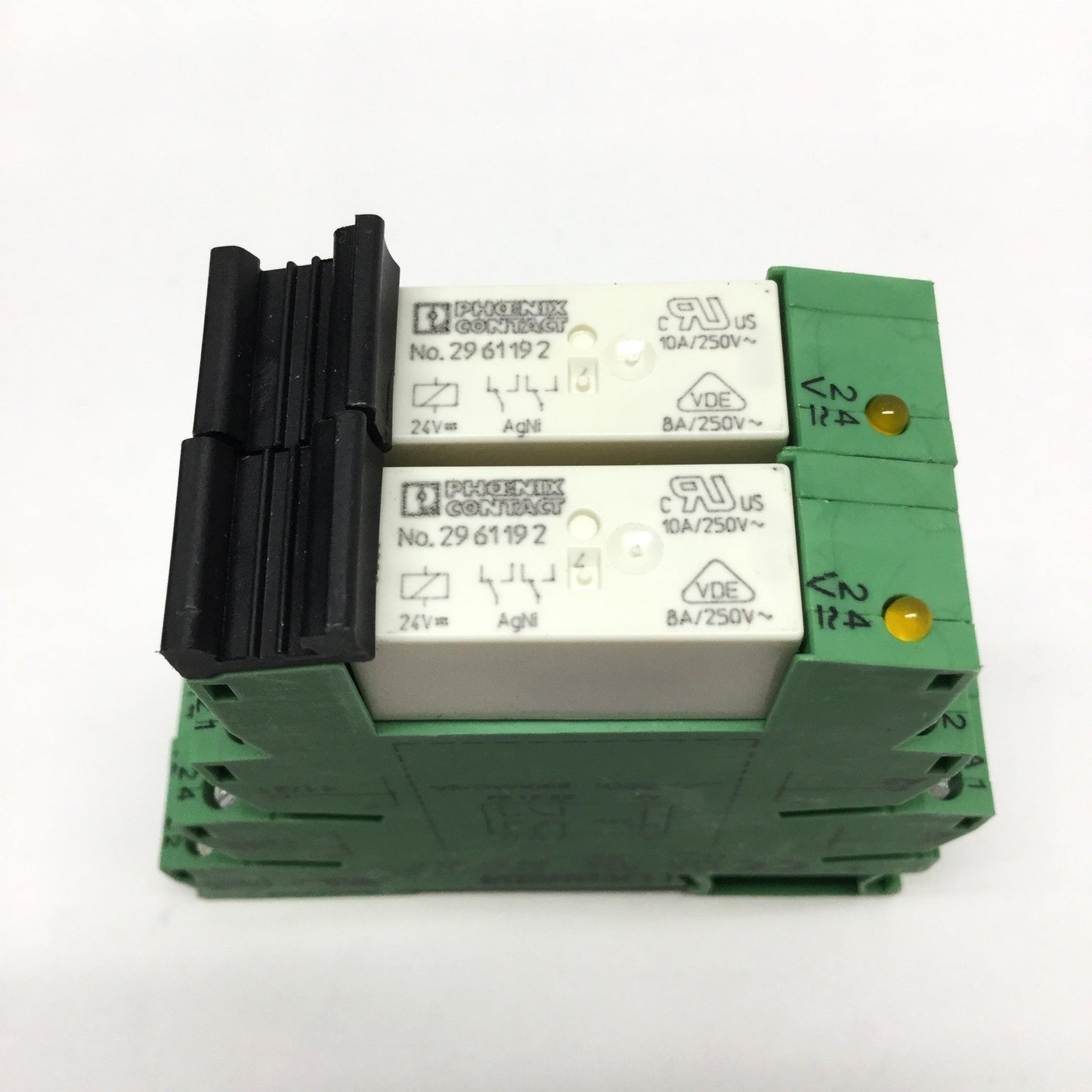 Used Lot of 2 Phoenix PLC-BSC-24UC/21-21 Socket Bases w/DPDT Relay 2961192 24VDC