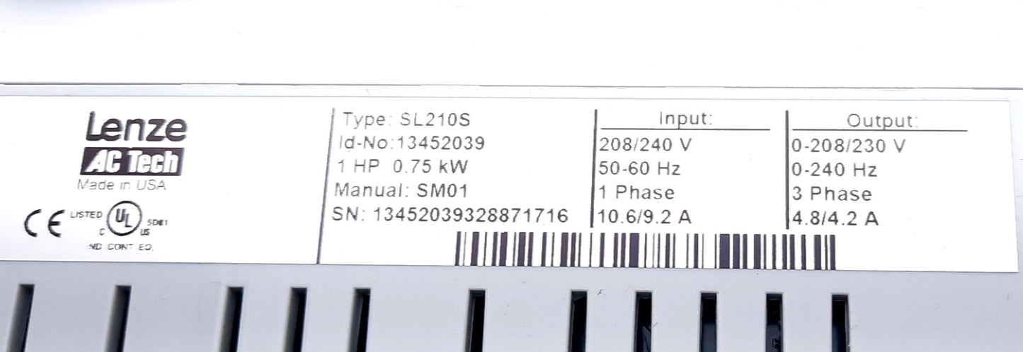 New Lenze SL210S Enclosed Variable Frequency Drive 1 Phase Input 208–240VAC 1Hp