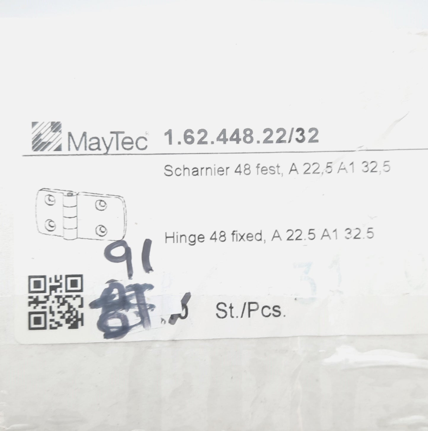 New – Open box Lot of 6 MayTec 1.62.448.22/32 Hinge, 95mm Length, 48mm Width, 6mm hole, Plastic