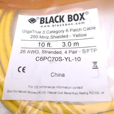 New Lot of 2 Black Box C6PC70S-YL-10 CAT6 Patch Cable, 2x RJ45 Male, 10ft Length