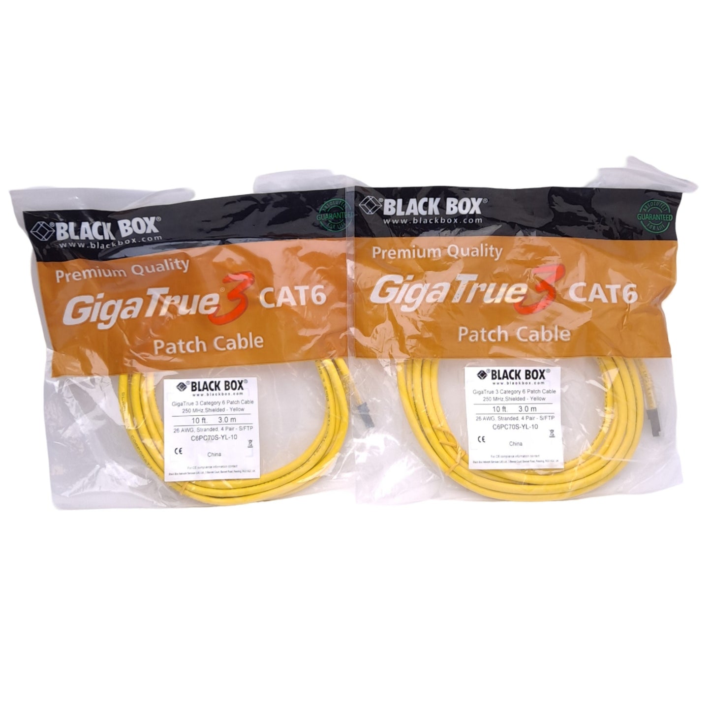 New Lot of 2 Black Box C6PC70S-YL-10 CAT6 Patch Cable, 2x RJ45 Male, 10ft Length