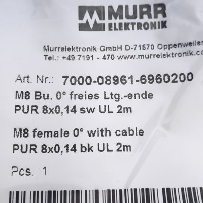 New Murr Elektronik 7000-08961-6960200 Cordset, 30VAC/DC 1.5A, 8-Pin M8 Female, 2m